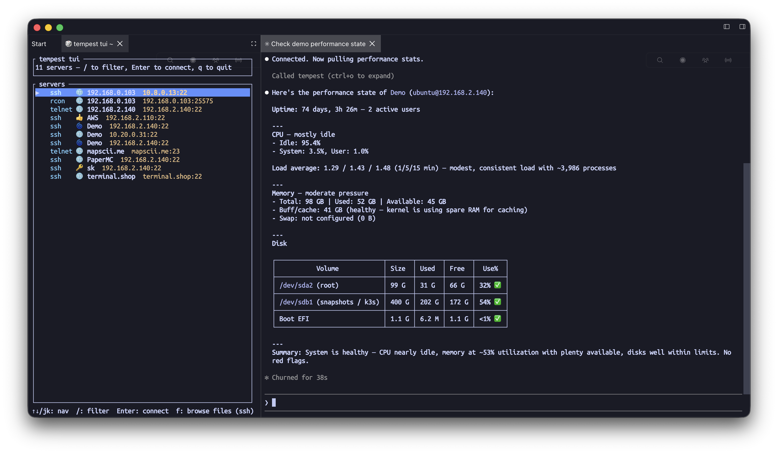 An AI agent driving a remote server through Tempest's MCP server, CLI and TUI