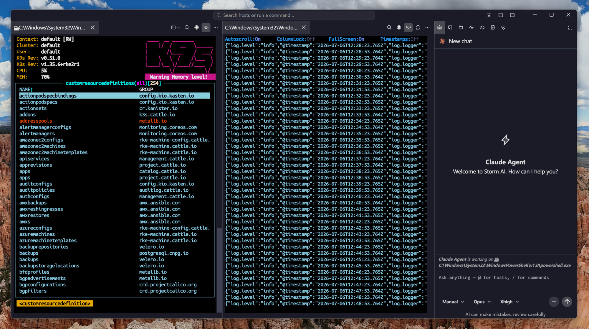 k9s and live pod logs running in Tempest on Windows, with Claude Agent alongside