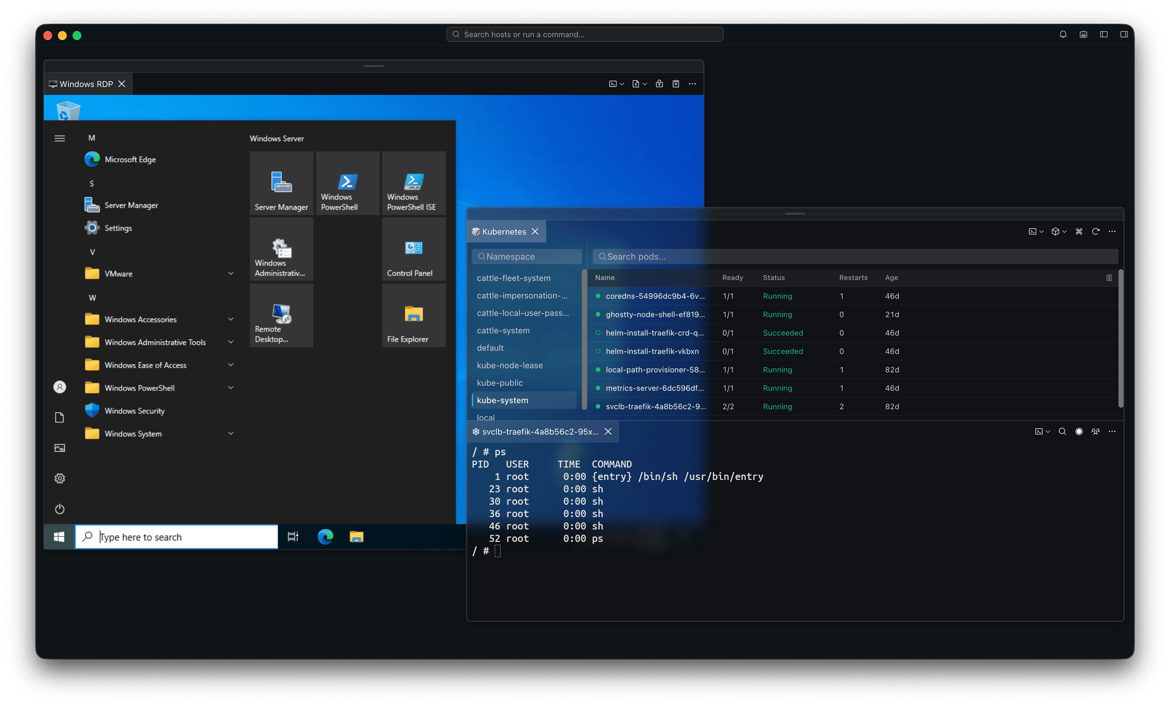 Two floating windows in one Tempest workspace: a Windows RDP desktop and a Kubernetes pod browser with a pod shell open beneath it