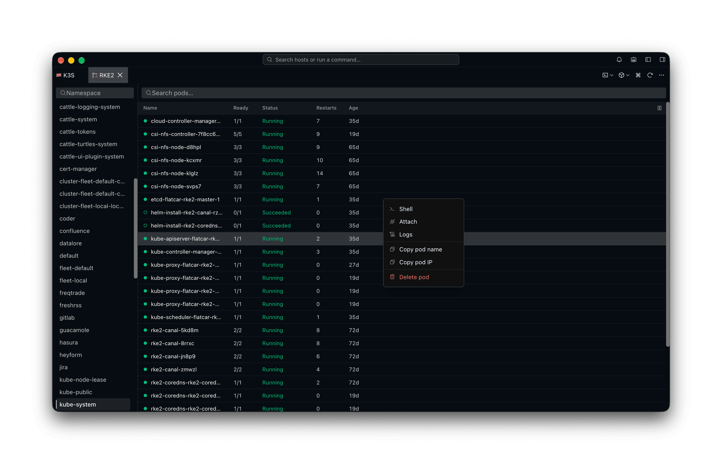 Pods listed by namespace in the Tempest cluster browser, with ready state, status, restarts and age