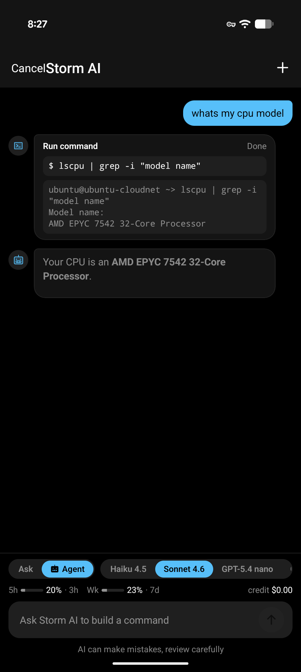 Tempest AI agent running a diagnostic command on Android