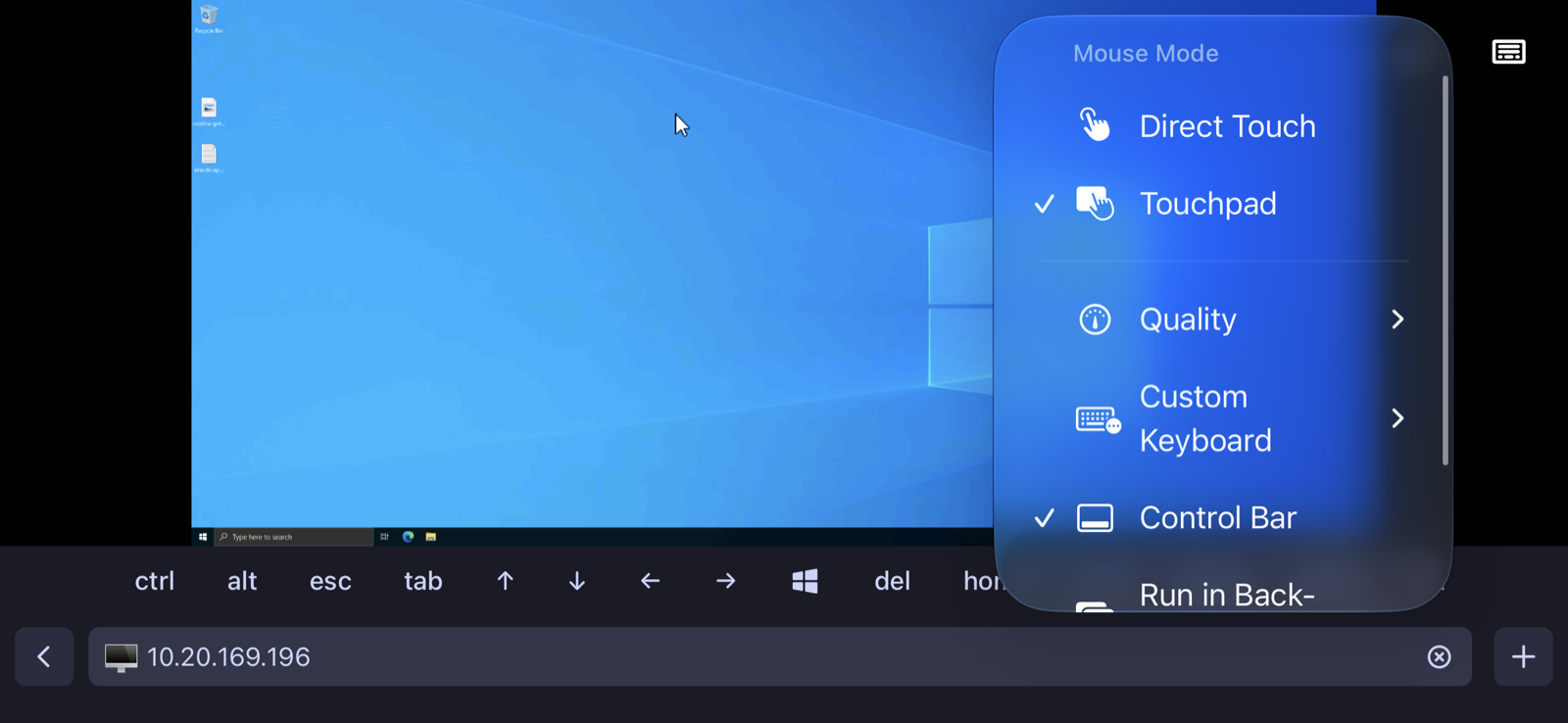 Tempest on iPhone in landscape — remote session with the modifier-key toolbar (ctrl, alt, esc, tab, arrows)