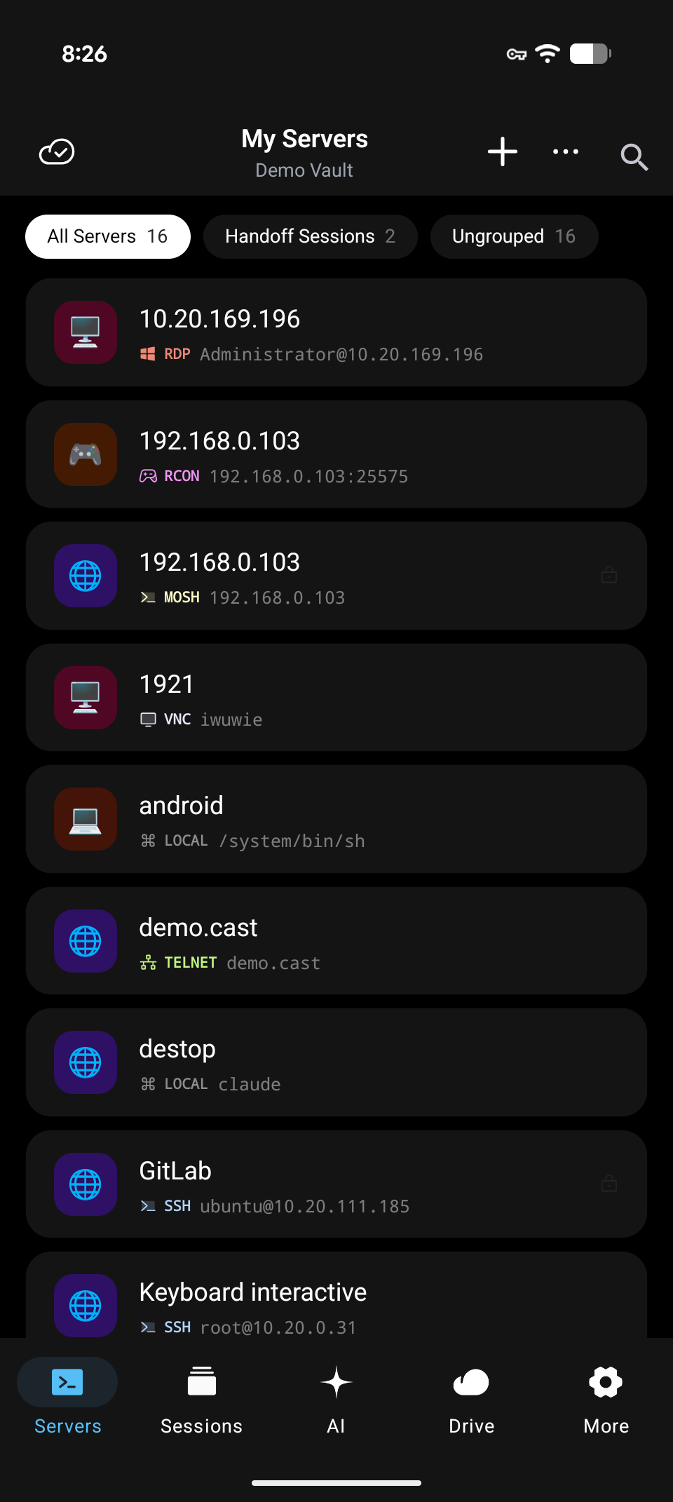 Tempest on Android — synced host list with SSH, Mosh, RDP, VNC, Telnet and RCON servers