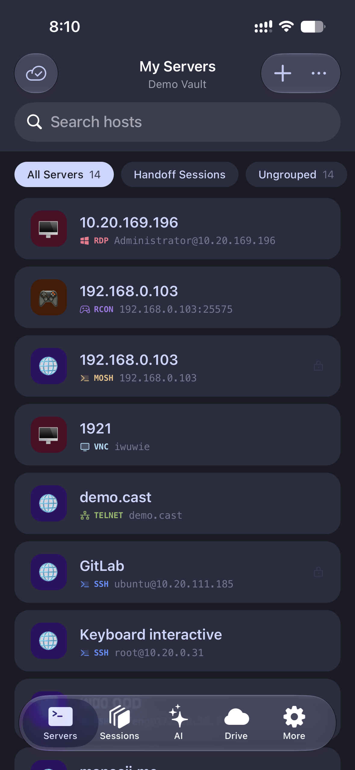 Tempest on a phone with the Handoff Sessions tab — resume desktop sessions on mobile